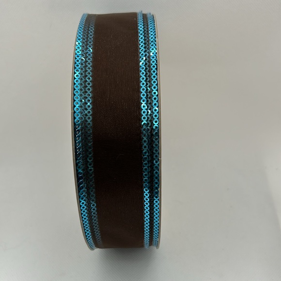 Bundle of 3 Rolls of Wired Ribbon Chocolate Brown/Turquoise/Silver - Picture 8 of 11